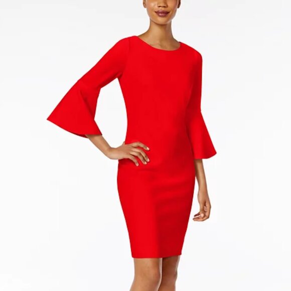 CALVIN KLEIN Petite 3/4 Bell-Sleeve Scuba Crepe Sheath Dress - Picture 1 of 2